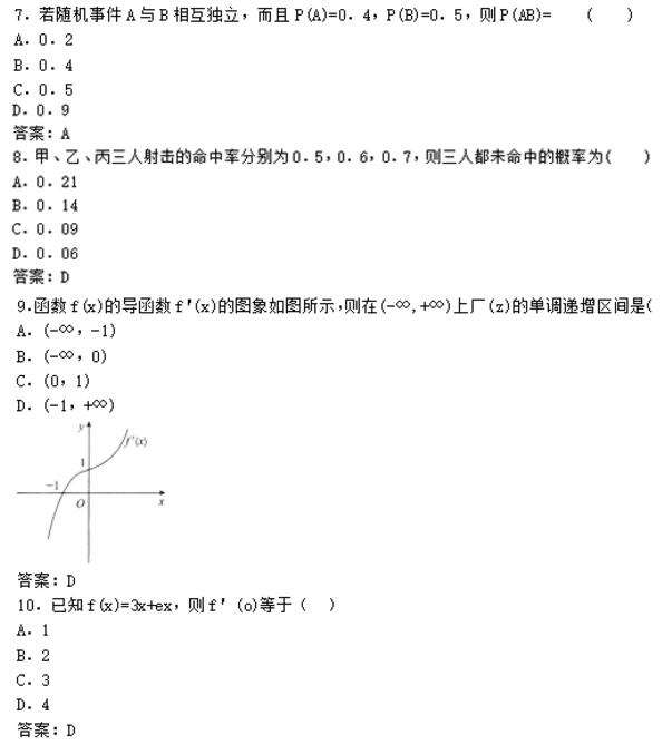 海南成人高考專升本數學歷年真題及答案(一)